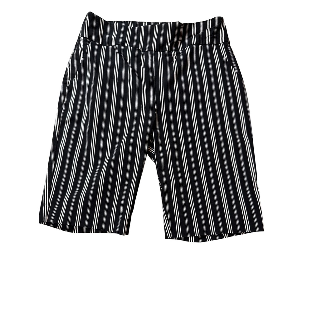 New York & Company Black White Striped Stretch Pull On Shorts Womens Large